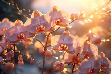  a close up of a pink flower on a branch with the sun shining through the trees in the back ground.