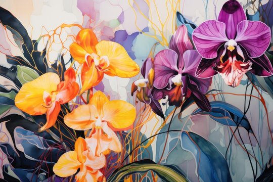  a painting of purple and orange orchids on a white and blue background with green leaves and flowers in the foreground.