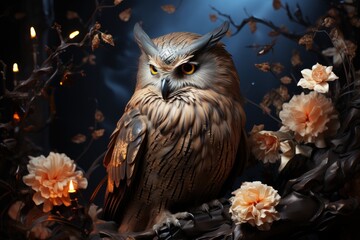  a painting of an owl sitting on a branch of a tree with flowers in the foreground and a full moon in the background.