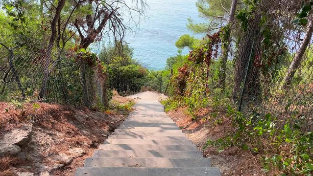 Beautiful stairs going down to the beach with big trees and sea view in Cavalière Lavandou South of France, magical green nature hike near water, holiday vacation, 4K shot