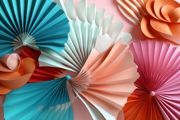 Colorful background with decorative garland and folding fan in a modern 3d illustration. Generative AI