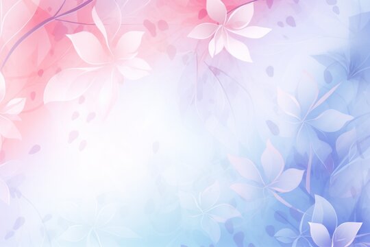  a blue, pink and white background with leaves and flowers on the left side of the image and a pink and blue background with leaves on the right side of the left side.