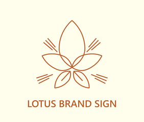 A stylized lotus sign surrounded by sun rays. Linear graphic symbol of a flower in retro boho style. Isolated design element in eco natural motif for logo, icon, emblem. Vector illustration.