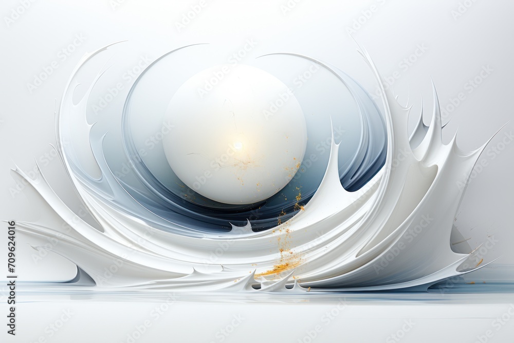 Poster a white object floating on top of a body of water with a light shining in the middle of the image.