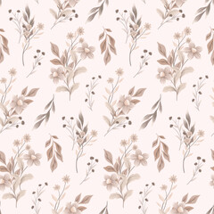 Seamless floral pattern, abstract vintage flower print in watercolor style. Elegant botanical design: hand drawn flowers, leaves on a light background. Vector illustration; wallpaper, textile print.