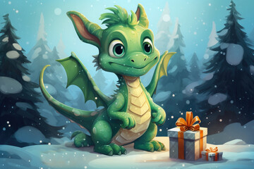 Cute christmas dragon in santa hat in cartoon style with gift boxs on the backdrop of a beautiful snowy forest.The dragon is the symbol of 2024. New Year holiday card. Happy New Year!