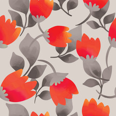 Seamless floral pattern, watercolor ditsy print with small red flowers. Botanical design in a vintage motif: pattern of red flowers, autumn leaves in an abstract composition. Vector illustration.