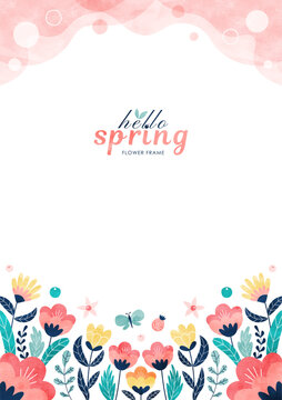 Fototapeta 春の花の背景フレーム カラフルな水彩のイラスト枠（縦）