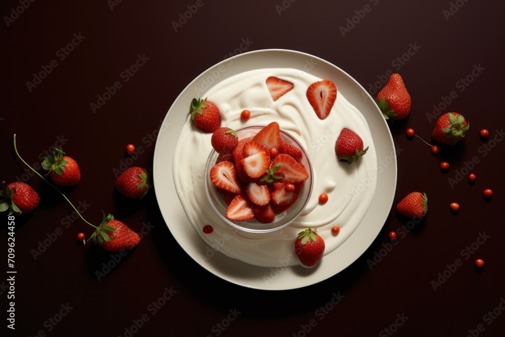 Poster a plate of strawberries with yogurt and strawberries scattered around it on a dark surface with red 