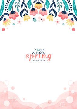 Fototapeta 春の花の背景フレーム カラフルな水彩のイラスト枠（縦）