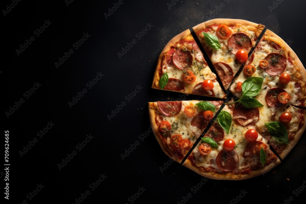 Poster a close up of a pizza on a table with a slice missing from one of the pizza's slices.
