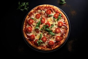  a pizza sitting on top of a pan covered in cheese and toppings on top of a black counter top.