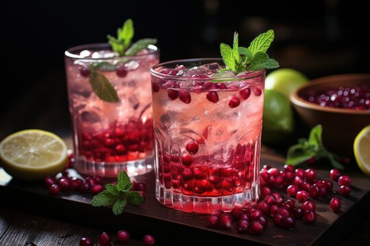  two glasses of cranberry lemonade on a cutting board with limes and limes around the glasses.