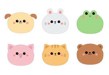 Pig, frog, cat kitten kitty, bear, dog puppy, rabbit bunny hare, face icon set. Cute cartoon kawaii animal character. Funny baby. Contour line doodle. Love card. Flat design. White background.