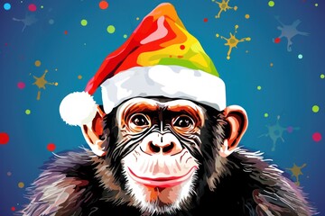  a monkey wearing a santa hat with a rainbow on it's head and a blue background with snowflakes.