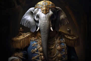  a painting of an elephant wearing a crown and a blue suit with gold trim and a gold crown on it's head.