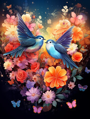 Two beautiful birds against a background of multi-colored flowers arranged in the shape of a heart; Valentine's Day card