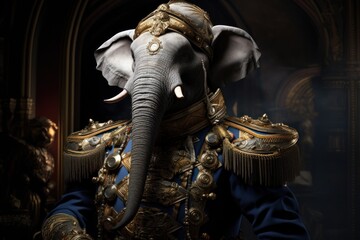  a close up of an elephant wearing a suit and headdress with a crown on it's head.
