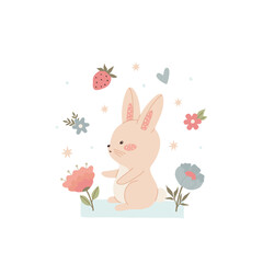 Cute bunny with flowers. Childish little baby rabbit for design and kids print on t-shirt. Simple vector illustration.