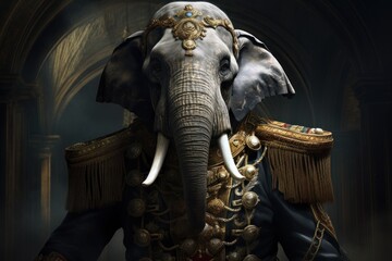  a painting of an elephant wearing a suit and a turban with a crown on it's head.