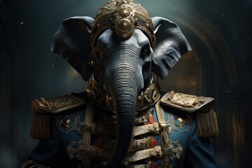  a close up of an elephant wearing a suit of armor and holding a cell phone in it's trunk.