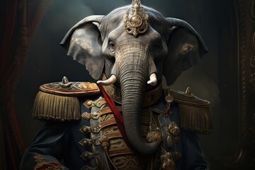  a painting of an elephant wearing a suit and holding a piece of cloth in it's trunk with a hat on it's head.