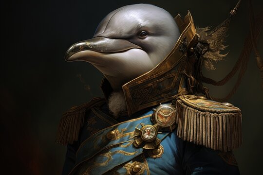  a painting of a dolphin dressed in a military uniform with a feathered hat and gold trimmings on it's head.