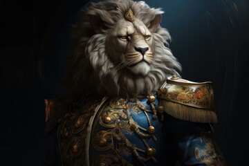  a digital painting of a lion wearing a blue and gold suit with a gold crown on it's head.