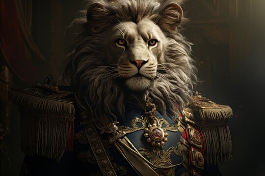 a close up of a lion wearing a suit with a crown on it's head and a chain around its neck.