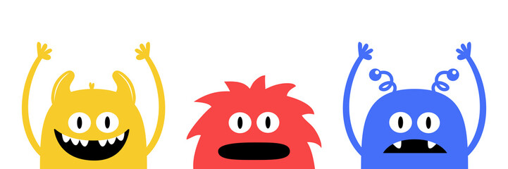 Three monster set line. Happy Halloween. Colorful silhouette head face icon. Eyes, tooth fang, tongue, hands up. Cute cartoon kawaii scary funny baby character. White background. Flat design.