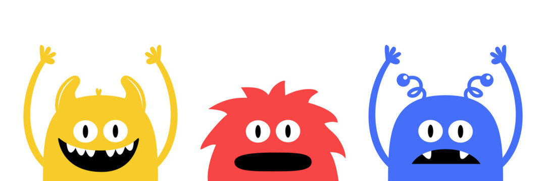 Three monster set line. Happy Halloween. Colorful silhouette head face icon. Eyes, tooth fang, tongue, hands up. Cute cartoon kawaii scary funny baby character. White background. Flat design.