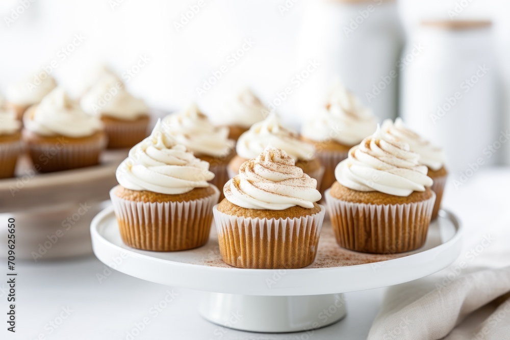 Poster a close up of a plate of cupcakes with frosting on a cake stand with other cupcakes in the backgroun