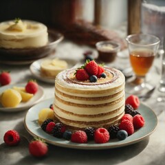 Fresh cake with various berries. Generative AI.
