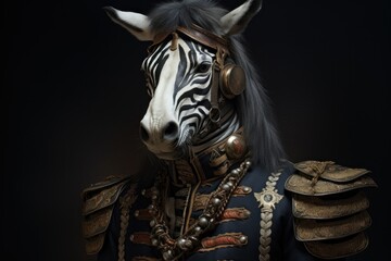 Fototapeta premium a close up of a zebra's head wearing a suit of armor and a zebra's headdress.