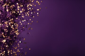  a pile of purple and gold confetti on top of a purple and purple background with lots of gold confetti on top of it.