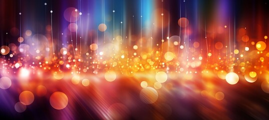 Abstract financial technology symbols on blurred bokeh background with dynamic light streaks