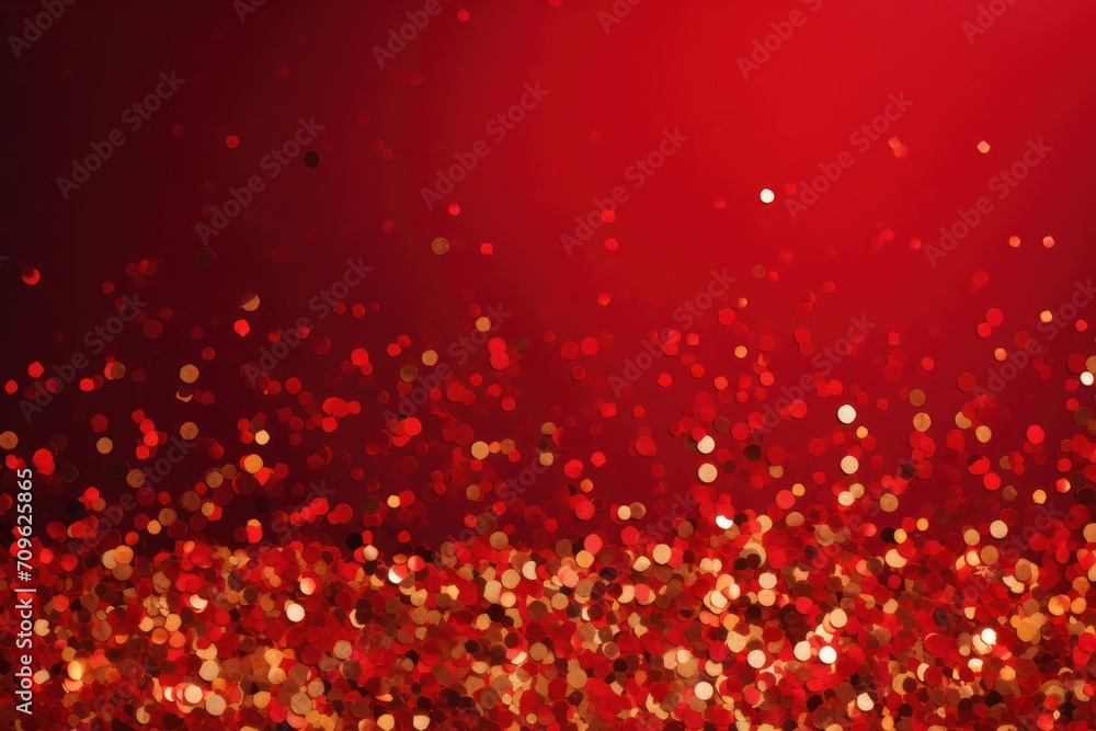 Poster a red background with a lot of small circles of small red and gold confetti on top of it.