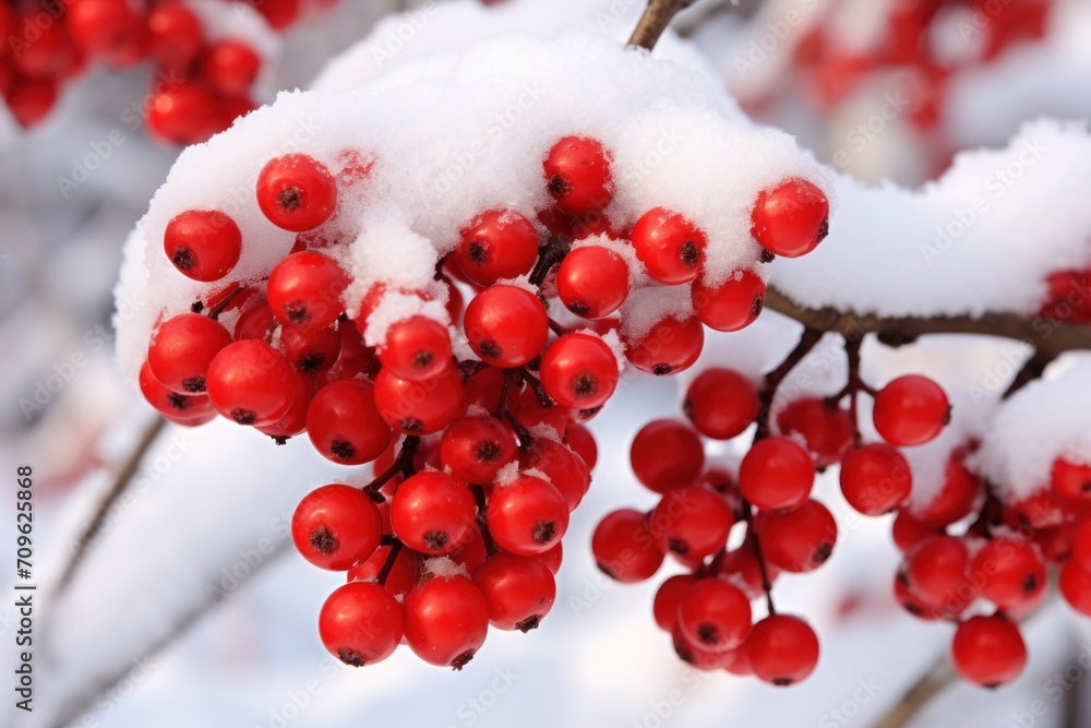 Poster a bunch of red berries hanging from a tree with snow on it's branches and snow on it's leaves.