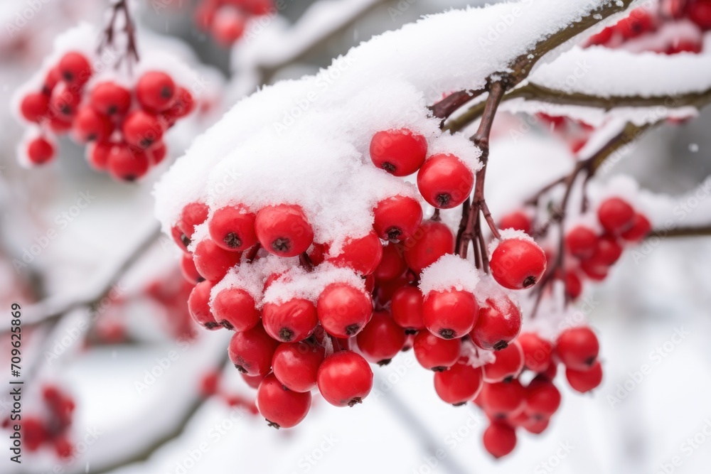 Poster a bunch of berries covered in snow on a branch with snow on the top and bottom of the berries on the