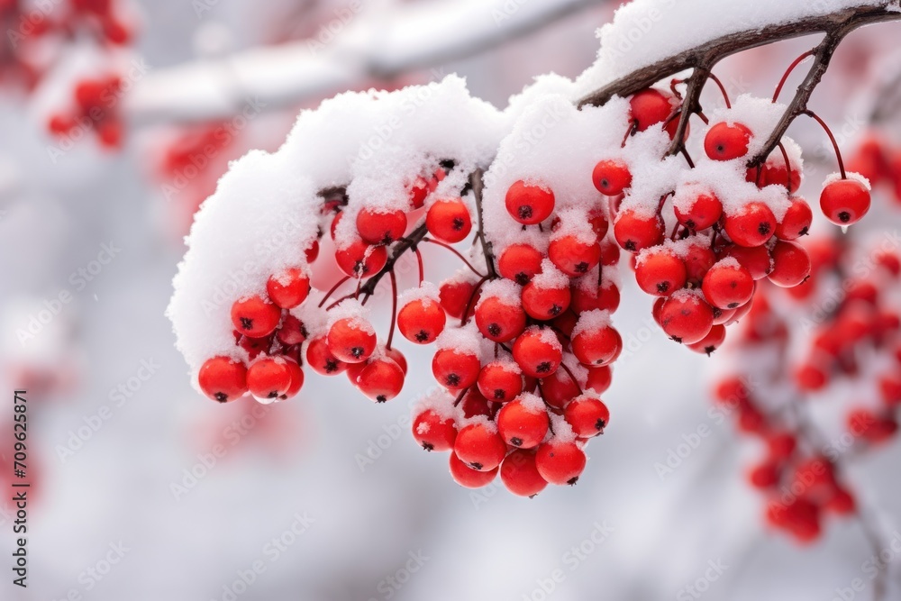 Poster a bunch of red berries hanging from a tree branch covered in a snow covered branch with lots of snow