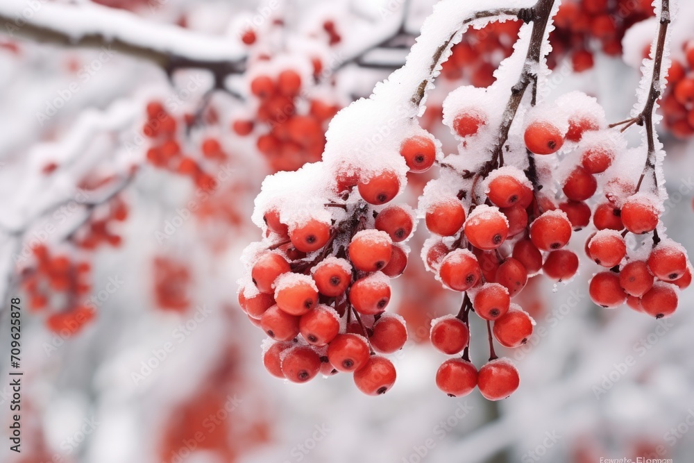 Poster a bunch of red berries hanging from a tree branch covered in a snow covered branch with red berries 