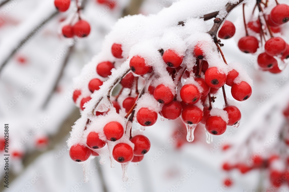 Poster a bunch of red berries hanging from a tree branch covered in a snow - covered layer of ice and ice c