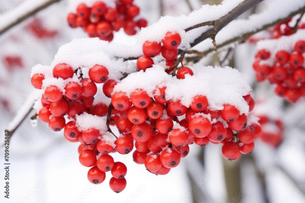 Poster a bunch of red berries hanging from a tree in a snow covered forest with snow on the top of them.