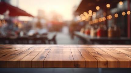 An empty wooden table with a blurred restaurant terrace in the background, ideal for product display.