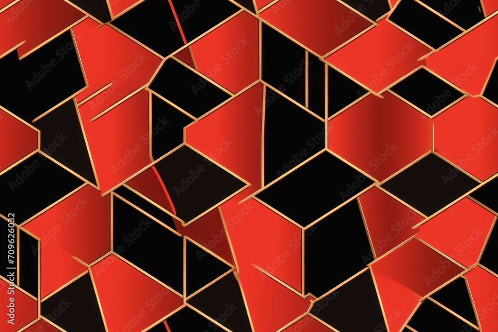 Poster a black and red wallpaper with a pattern of squares and rectangles in the middle of the wall.