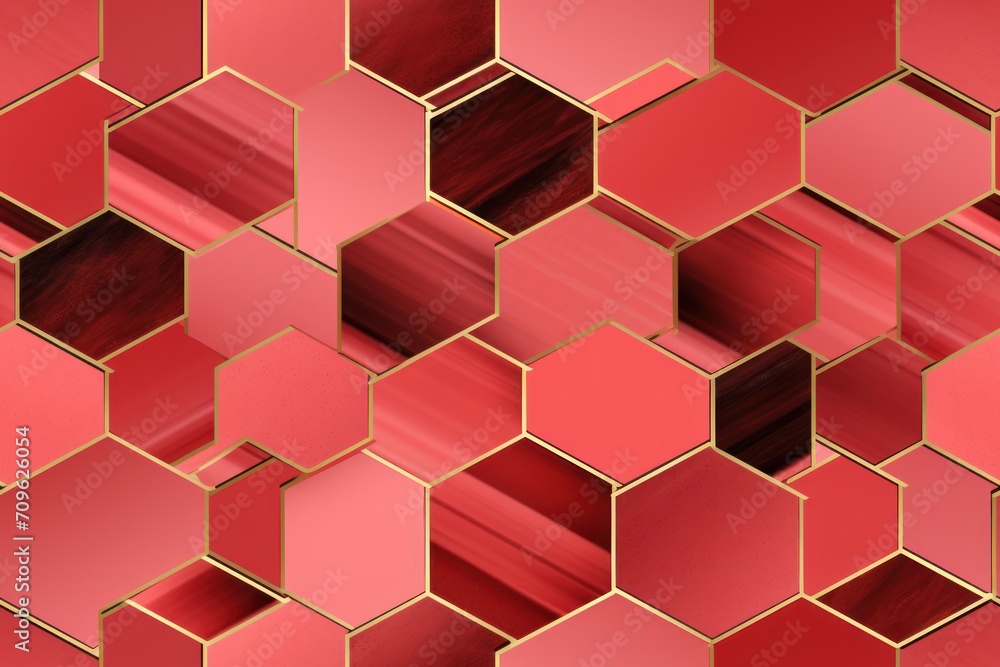 Poster a bunch of red hexagons that are stacked on top of each other with a gold frame in the middle.