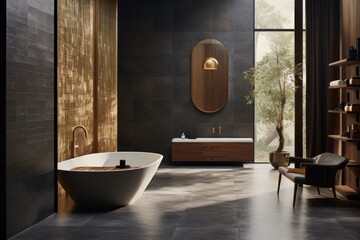  a bath room with a large bath tub and a wooden shelf with a potted plant on top of it.