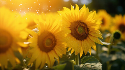 Naklejka premium Bright yellow sunflowers with drops of dew, shining in the morning sun, evoke a fresh, summery feeling.