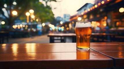 A refreshing glass of beer on a wooden table, with soft focus lights of an outdoor pub in the background at dusk.
