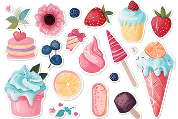 Assorted Sweet Dessert Stickers Collection Isolated on White, Colorful dessert and fruit stickers with a whimsical style - obrazy, fototapety, plakaty